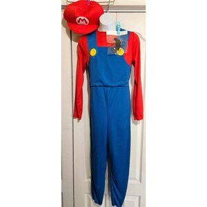 Super Mario Costume Kids 10-12  Jumpsuit Hat Mustache Halloween Nintendo Gaming